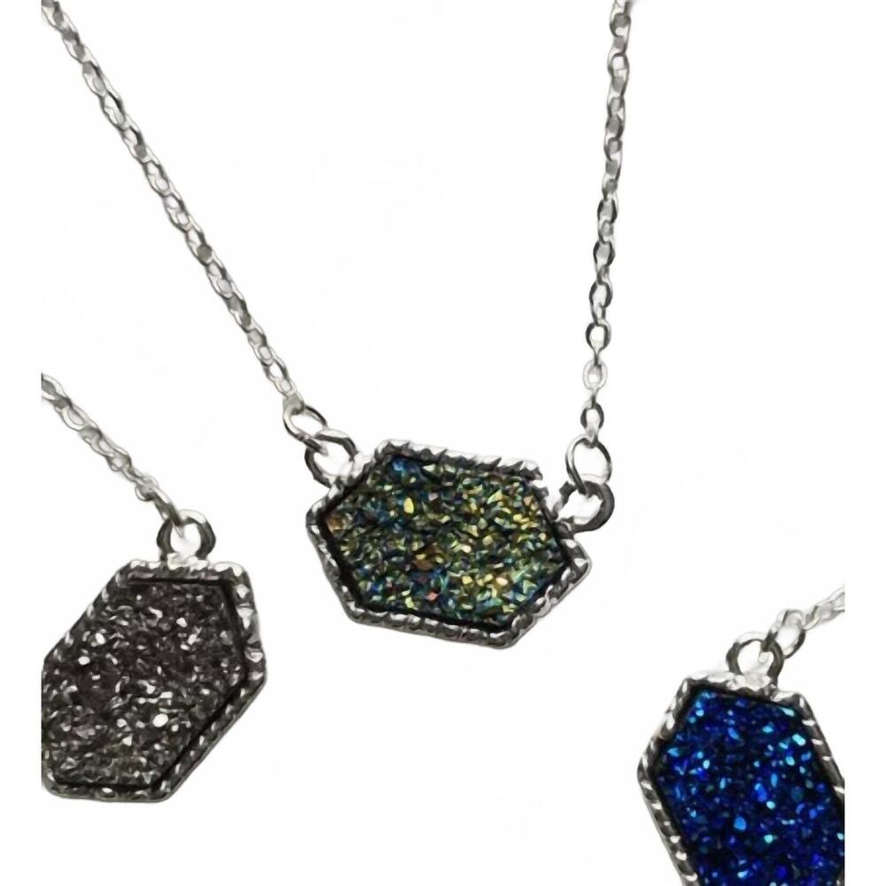NEW LAUREN LANE women's peacock iridescent druzy stone necklace in silver